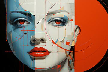 Trendy abstract illustration of woman in vintage minimalistic geometry elements Generative AI picture