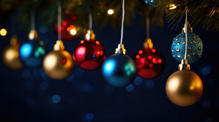 Obraz premium Glowing Christmas ornaments in vibrant colors, hanging amidst a mesmerizing background of soft bokeh lights.
