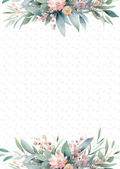 Fototapeta na wymiar Pink green and white watercolor hand painted background template for Invitation with flora and flower