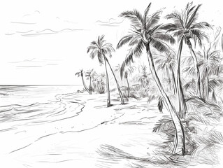 Drawing of Tropical beach in Dominican Republic illustration separated, sweeping overdrawn lines.