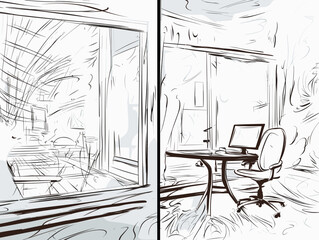 Drawing of two workplaces on the background of the windows. illustration separated, sweeping overdrawn lines.
