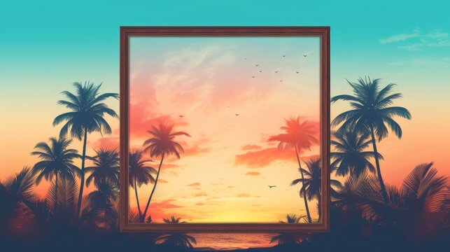 Photo frame blank space for template, with outdoor summer sunset theme