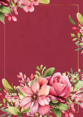 Pink red and white watercolor hand painted background template for Invitation with flora and flower