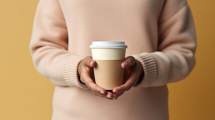 A woman man hand holding a blank paper coffee cup, design mockup.