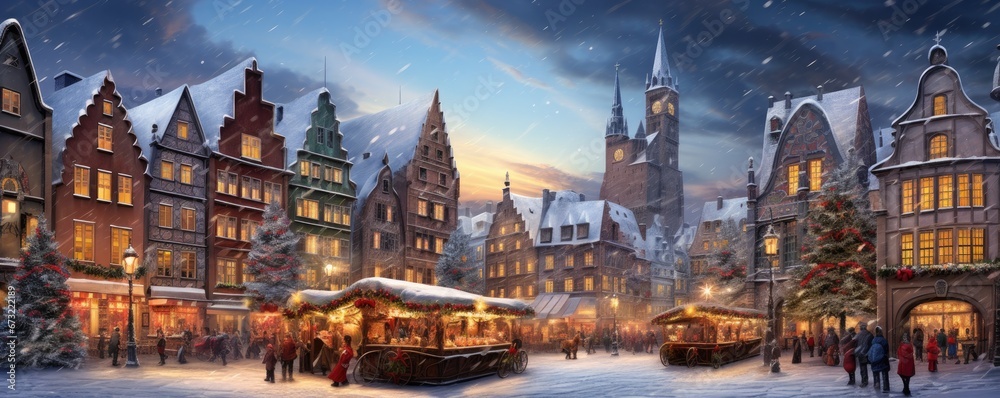 Wall mural illustration of traditional christmas market in europe city. generative ai