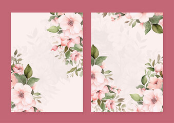 Pink sakura artistic wedding invitation card template set with flower decorations