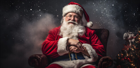 Old funny Santa Claus, Saint Nicholas, christmas time, Banner size, winter evening, wallpaper background for ads, celebration concept,