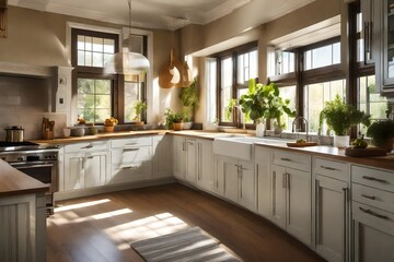 modern kitchen interior, a sunny kitchen, with automated blinds and shades filtering the light and providing privacy