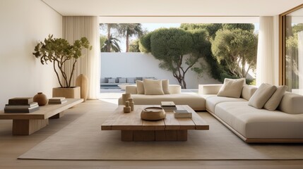 Elegant and minimalist villa decor, featuring clean lines, neutral color palettes, and a sense of spaciousness