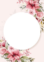 Pink and white watercolor hand painted background template for Invitation with flora and flower