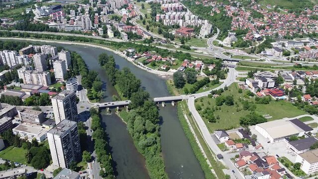 City bridge across river drone video