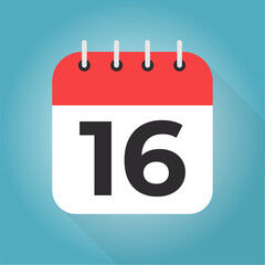 Calendar day 16. Number sixteen on a white paper with red border on blue background vector.