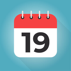 Calendar day 19. Number nineteen on a white paper with red border on blue background vector.