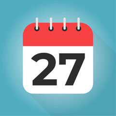 Calendar day 27. Number twenty-seven on a white paper with red border on blue background vector.
