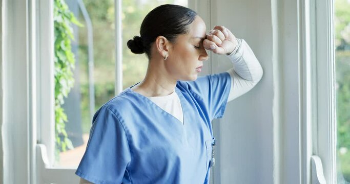 Window, thinking and doctor with stress, woman and healthcare with depression, mistake and overworked. Person, employee and medical professional with burnout, doubt and fail with anxiety and tired