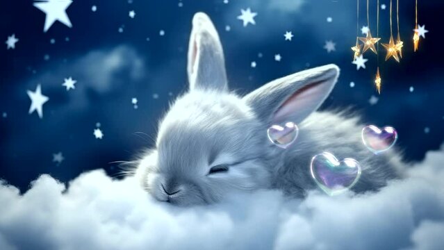 Lullaby For Babies video template looping rabbit bunny sleep on cloud, relax and nice dream on night 4k quality