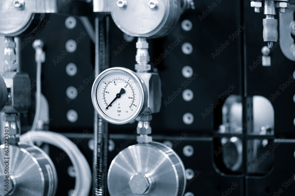 Poster Pressure gauges mounted on the pipeline. Measuring instruments for pressure control. Industrial concept