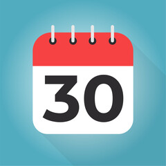 Calendar day 30. Number thirty on a white paper with red border on blue background vector.
