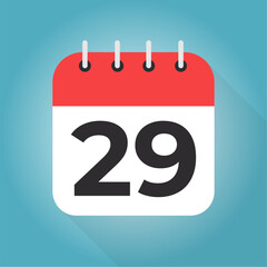 Calendar day 29. Number twenty-nine on a white paper with red border on blue background vector.