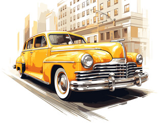 Drawing of Vintage yellow taxi in New York illustration separated, sweeping overdrawn lines.