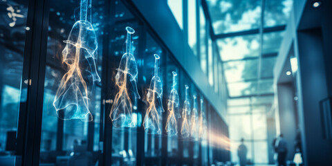 Digital lung x-ray holograms displayed in modern hospital, casting a luminous blue glow. The high-tech 3D renderings offer a futuristic approach to medical visualization