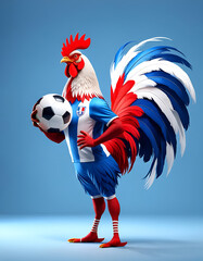 Coq tricolore bleu blanc rouge avec un ballon de football, mascotte joueur de foot pour la victoire sportive de l'équipe de France - IA générative - obrazy, fototapety, plakaty