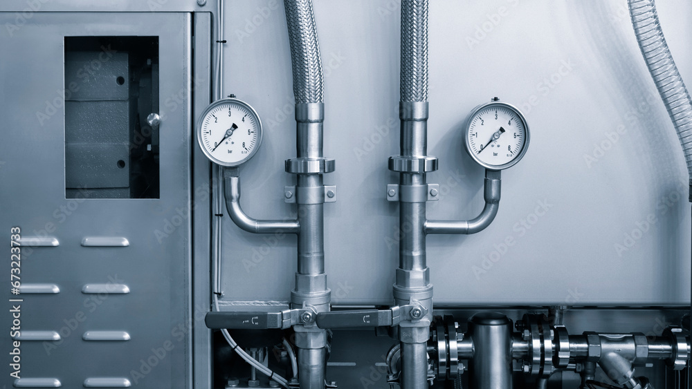 Poster pressure gauges mounted on the pipeline. measuring instruments for pressure control. industrial conc