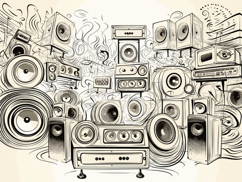 Drawing of Wall of retro vintage style Music sound speakers illustration separated, sweeping overdrawn lines.