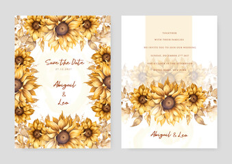 Yellow sunflower elegant wedding invitation card template with watercolor floral and leaves