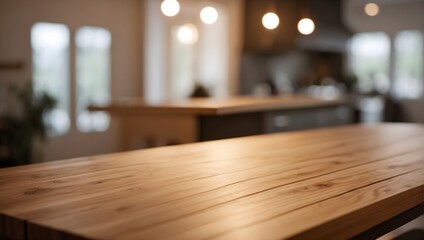Obraz premium Wooden table on blurred kitchen bench background. Empty wooden table and blurred kitchen background