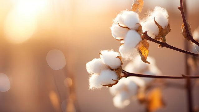 Spring branch of cotton on a blurred background.