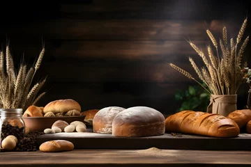Gordijnen Background Table Decor, Wooden Surface with Bakery Flour Theme © ITrWorks