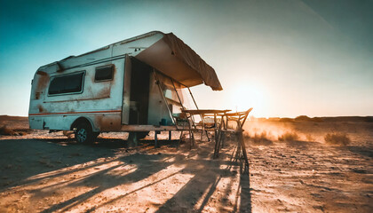 abandoned vacation motorhome in the desert alone and dry under the bright sun