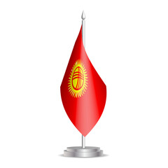 Obraz premium Kyrgyzstan flag - 3D mini flag hanging on desktop flagpole. Usable for summit or conference presentaiton. Vector illustration with shading.