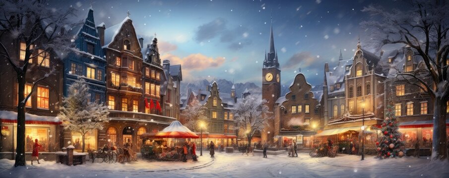illustration of Traditional christmas market in europe city. Generative ai
