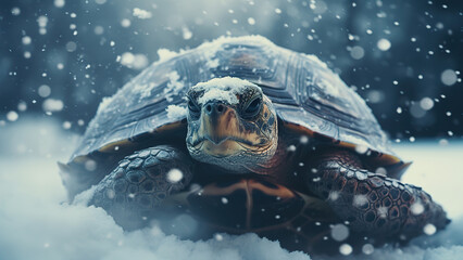 Photo of a turtle on the background of snowfall in winter.