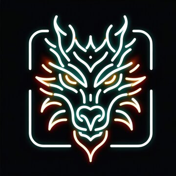 Glowing logo, neon light, neon sign and neon light concept editorial image. Dragon face, Japan Calendar simbol. Fire Dragon portrait.