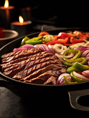 Traditional Dish of Mexico Steak Fajitas on a Plate on Selective Focus Background