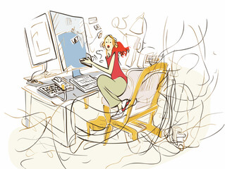 Drawing of working at home illustration separated, sweeping overdrawn lines.
