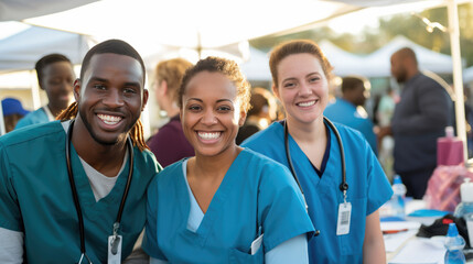 Healthcare professionals in blue scrubs, wearing stethoscopes and ID badges, smile warmly as they stand together in a tented medical setting. - obrazy, fototapety, plakaty