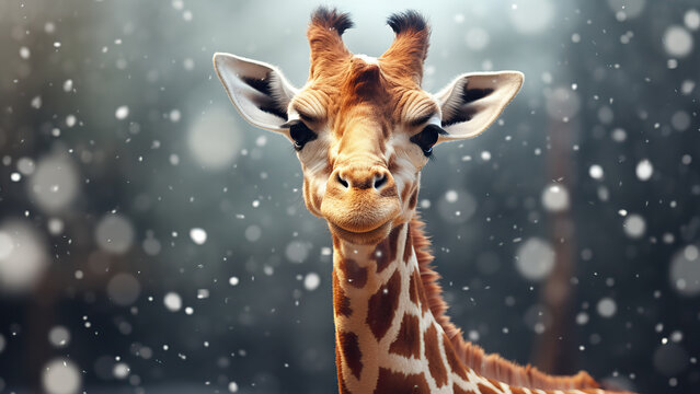 Photo of a giraffe near a tree in a winter forest.