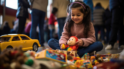 A joyful child with a wide smile is surrounded by boxes filled with colorful stuffed toys - obrazy, fototapety, plakaty