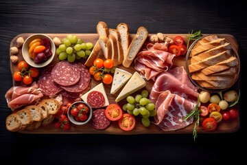 Top view of tasty charcuterie board