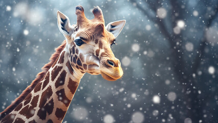 Photo of a giraffe near a tree in a winter forest. - obrazy, fototapety, plakaty