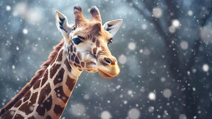Schilderijen op glas Photo of a giraffe near a tree in a winter forest. © Maria