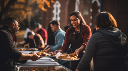 A person smiles while volunteering, handing out food to a diverse community at an outdoor charity...
