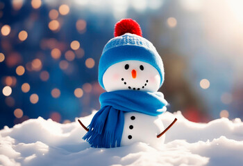 Merry Christmas and Happy New year greeting card with copy-space. Happy snowman standing in snow background.