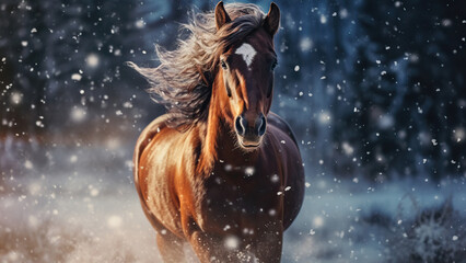 Photo of a horse run near a  tree in a winter forest.