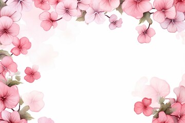 Fototapeta na wymiar Pink watercolor flowers framed with geraniums. Generative AI