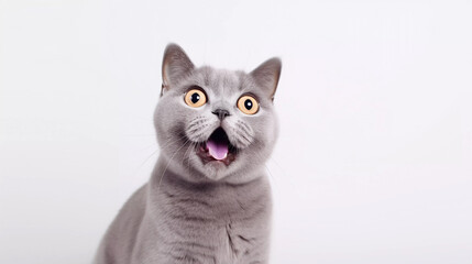 british shorthair lilac cat looking up on an isolated background, copyspace
